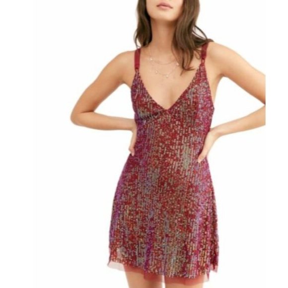 New Free People Gold Rush Mini Dress Wine Size XS